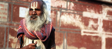 Ein Saddhu (Heiliger Mann im Hinduismus) mit auf die Stirn gemaltem Dreizack, aufgenommen 1993.Rechte: dpa